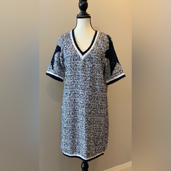 NEERA Made in 🇮🇹 cotton blend deep V-neck dress EUC size 42 navy blue & white - Picture 5 of 15